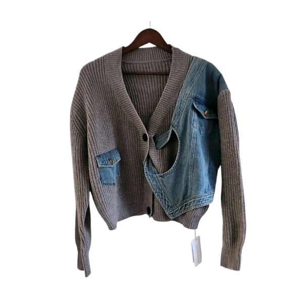 Commense Denim Jean Sweater Jacket Button Front Pockets Artsy Boho M NEW - Picture 1 of 10